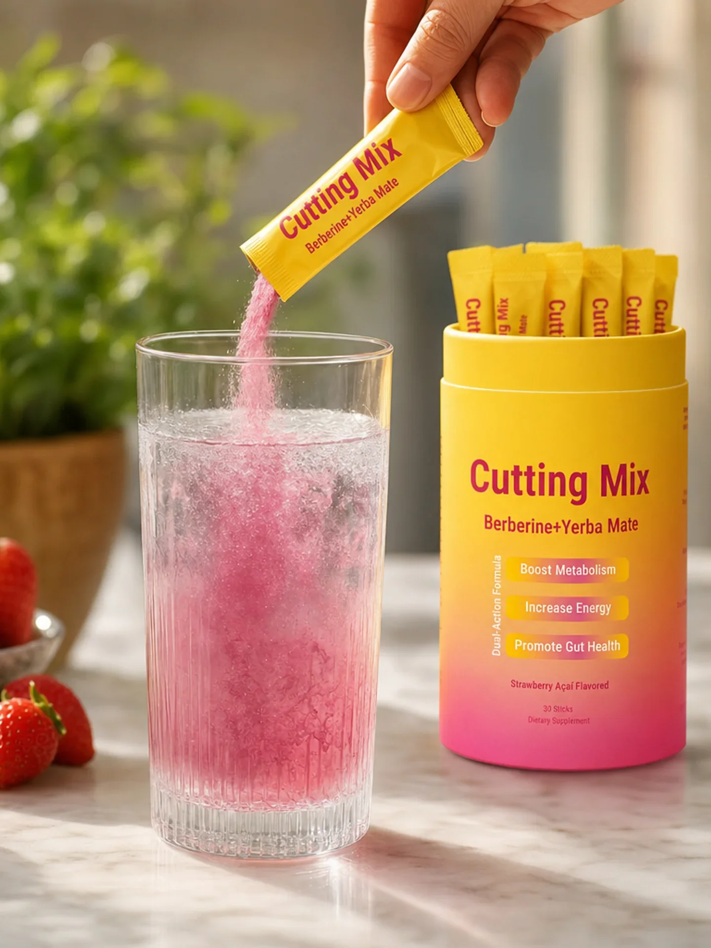 A stick of Cutting Mix powder being poured into a glass of water next to the canister, with fresh strawberries nearby